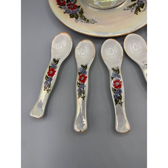 Vtg Honey Jar w 6 Spoons Lustreware Iridescent Floral Ceramic - Picture 2 of 10